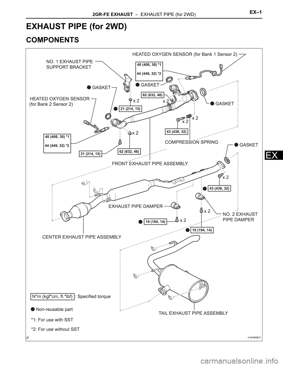 TOYOTA SIENNA 2007  Service Repair Manual 2GR-FE EXHAUST  –  EXHAUST PIPE (for 2WD)EX–1
EX
ENGINE
2GR-FE EXHAUST
EXHAUST PIPE (for 2WD)
COMPONENTS
A162480E01 