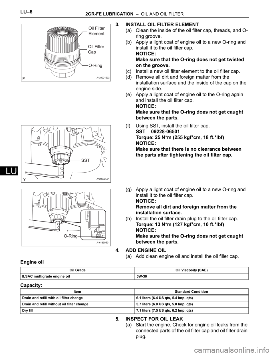 TOYOTA SIENNA 2007 Service Repair Manual LU–62GR-FE LUBRICATION – OIL AND OIL FILTER
LU
3. INSTALL OIL FILTER ELEMENT
(a) Clean the inside of the oil filter cap, threads, and O-
ring groove.
(b) Apply a light coat of engine oil to a ne TOYOTA SIENNA 2007 Service Repair Manual LU–62GR-FE LUBRICATION – OIL AND OIL FILTER
LU
3. INSTALL OIL FILTER ELEMENT
(a) Clean the inside of the oil filter cap, threads, and O-
ring groove.
(b) Apply a light coat of engine oil to a ne
