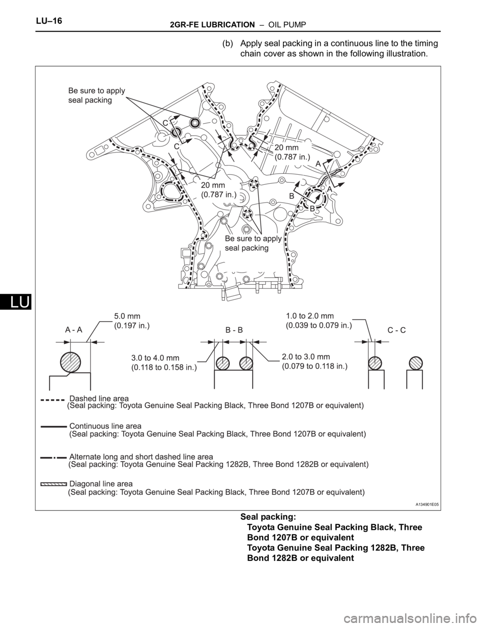 TOYOTA SIENNA 2007 Service Repair Manual LU–162GR-FE LUBRICATION – OIL PUMP
LU
(b) Apply seal packing in a continuous line to the timing
chain cover as shown in the following illustration.
Seal packing:
Toyota Genuine Seal Packing Bla TOYOTA SIENNA 2007 Service Repair Manual LU–162GR-FE LUBRICATION – OIL PUMP
LU
(b) Apply seal packing in a continuous line to the timing
chain cover as shown in the following illustration.
Seal packing:
Toyota Genuine Seal Packing Bla