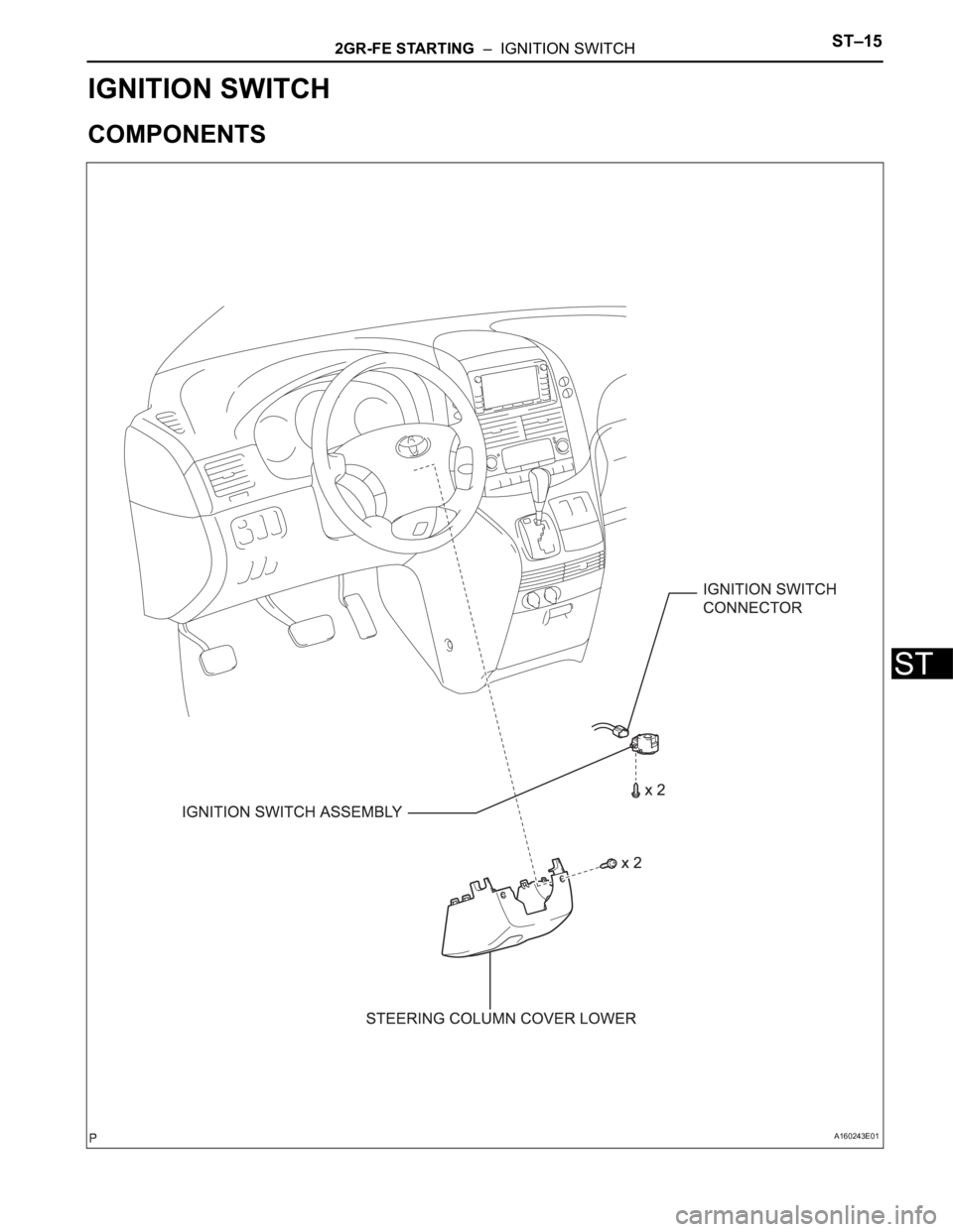 TOYOTA SIENNA 2007 Service Repair Manual 2GR-FE STARTING – IGNITION SWITCHST–15
ST
ENGINE
2GR-FE STARTING
IGNITION SWITCH
COMPONENTS
A160243E01 TOYOTA SIENNA 2007 Service Repair Manual 2GR-FE STARTING – IGNITION SWITCHST–15
ST
ENGINE
2GR-FE STARTING
IGNITION SWITCH
COMPONENTS
A160243E01