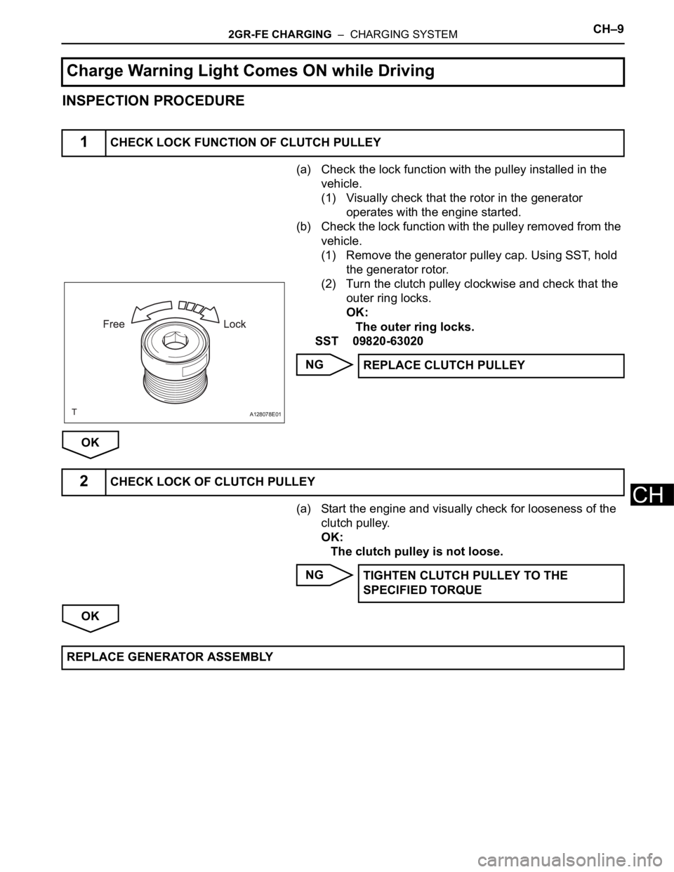 TOYOTA SIENNA 2007 Service Repair Manual 2GR-FE CHARGING – CHARGING SYSTEMCH–9
CH
INSPECTION PROCEDURE
(a) Check the lock function with the pulley installed in the
vehicle.
(1) Visually check that the rotor in the generator
operates TOYOTA SIENNA 2007 Service Repair Manual 2GR-FE CHARGING – CHARGING SYSTEMCH–9
CH
INSPECTION PROCEDURE
(a) Check the lock function with the pulley installed in the
vehicle.
(1) Visually check that the rotor in the generator
operates