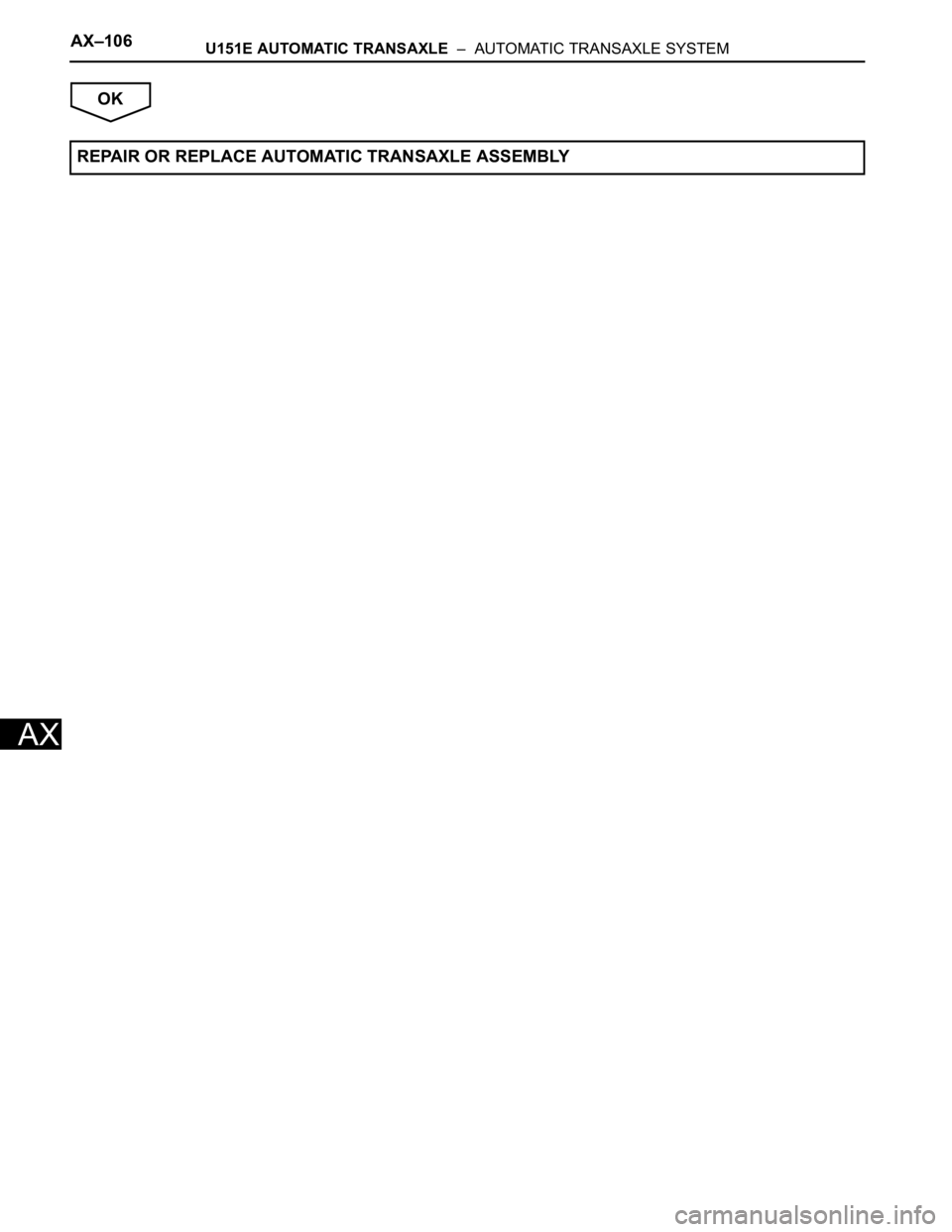 TOYOTA SIENNA 2007  Service Repair Manual AX–106U151E AUTOMATIC TRANSAXLE  –  AUTOMATIC TRANSAXLE SYSTEM
AX
OK
REPAIR OR REPLACE AUTOMATIC TRANSAXLE ASSEMBLY 