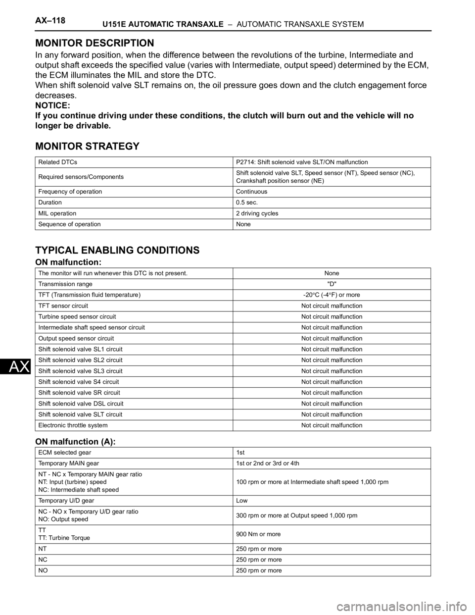 TOYOTA SIENNA 2007  Service Repair Manual AX–118U151E AUTOMATIC TRANSAXLE  –  AUTOMATIC TRANSAXLE SYSTEM
AX
MONITOR DESCRIPTION
In any forward position, when the difference between the revolutions of the turbine, Intermediate and 
output 