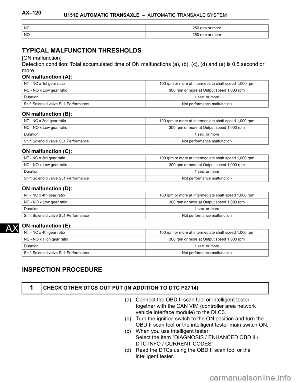 TOYOTA SIENNA 2007  Service Repair Manual AX–120U151E AUTOMATIC TRANSAXLE  –  AUTOMATIC TRANSAXLE SYSTEM
AX
TYPICAL MALFUNCTION THRESHOLDS
[ON malfunction]
Detection condition: Total accumulated time of ON malfunctions (a), (b), (c), (d) 