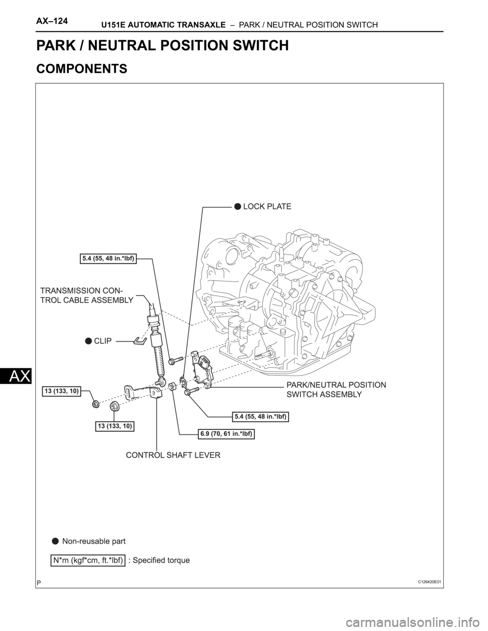 TOYOTA SIENNA 2007  Service Repair Manual AX–124U151E AUTOMATIC TRANSAXLE  –  PARK / NEUTRAL POSITION SWITCH
AX
TRANSMISSION
U151E AUTOMATIC TRANSAXLE
PARK / NEUTRAL POSITION SWITCH
COMPONENTS
C126420E01 