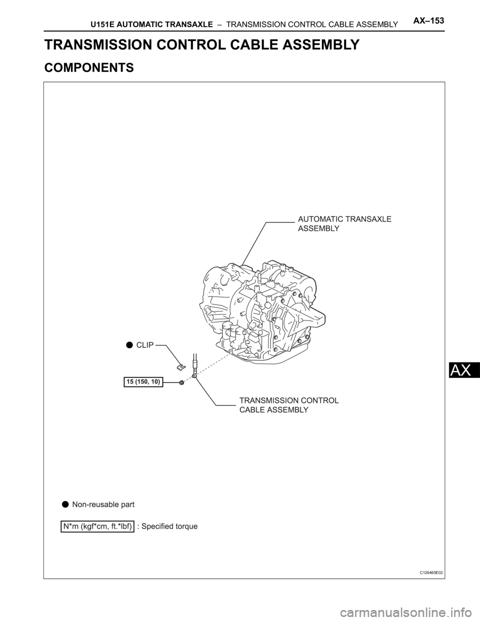 TOYOTA SIENNA 2007  Service Repair Manual U151E AUTOMATIC TRANSAXLE  –  TRANSMISSION CONTROL CABLE ASSEMBLYAX–153
AX
TRANSMISSION
U151E AUTOMATIC TRANSAXLE
TRANSMISSION CONTROL CABLE ASSEMBLY
COMPONENTS
C126460E02 
