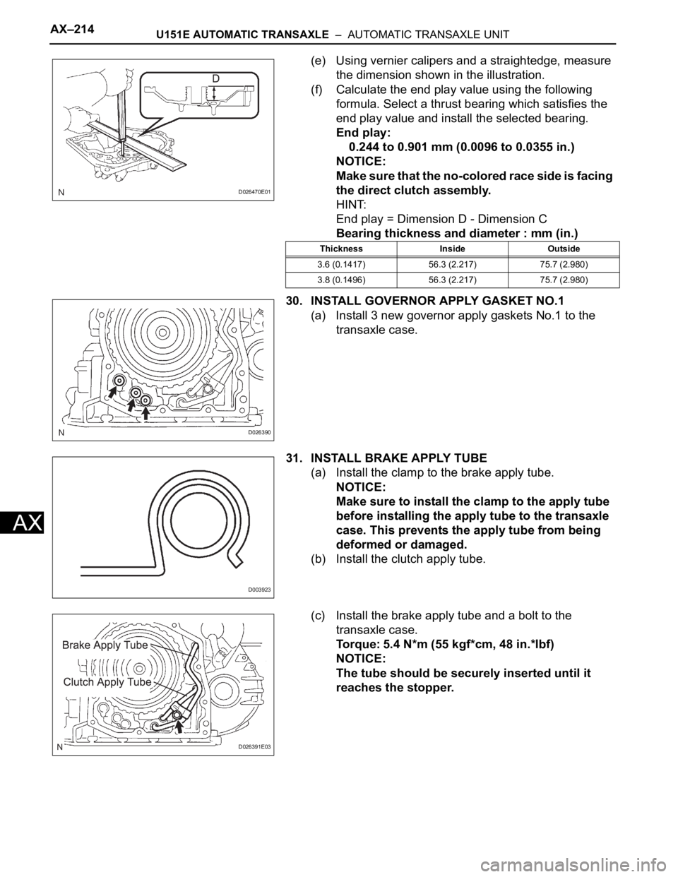 TOYOTA SIENNA 2007  Service Repair Manual AX–214U151E AUTOMATIC TRANSAXLE  –  AUTOMATIC TRANSAXLE UNIT
AX
(e) Using vernier calipers and a straightedge, measure 
the dimension shown in the illustration.
(f) Calculate the end play value us