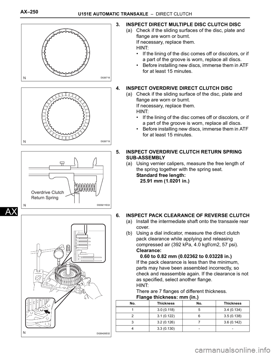 TOYOTA SIENNA 2007  Service Repair Manual AX–250U151E AUTOMATIC TRANSAXLE  –  DIRECT CLUTCH
AX
3. INSPECT DIRECT MULTIPLE DISC CLUTCH DISC
(a) Check if the sliding surfaces of the disc, plate and 
flange are worn or burnt.
If necessary, r