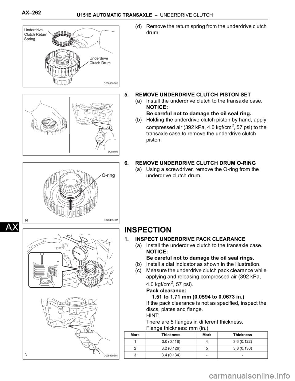 TOYOTA SIENNA 2007  Service Repair Manual AX–262U151E AUTOMATIC TRANSAXLE  –  UNDERDRIVE CLUTCH
AX
(d) Remove the return spring from the underdrive clutch 
drum.
5. REMOVE UNDERDRIVE CLUTCH PISTON SET
(a) Install the underdrive clutch to 