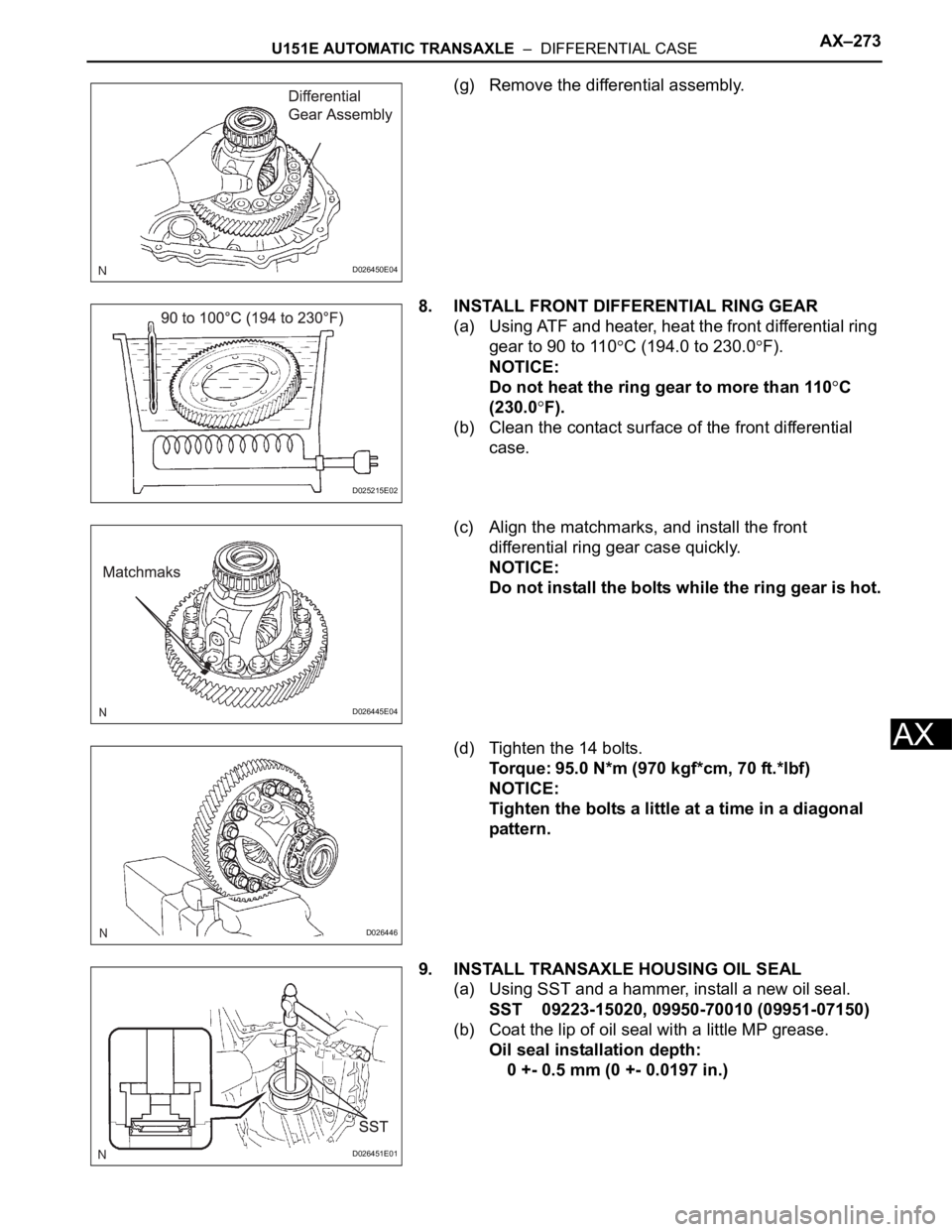 TOYOTA SIENNA 2007  Service Repair Manual U151E AUTOMATIC TRANSAXLE  –  DIFFERENTIAL CASEAX–273
AX
(g) Remove the differential assembly.
8. INSTALL FRONT DIFFERENTIAL RING GEAR
(a) Using ATF and heater, heat the front differential ring 
g