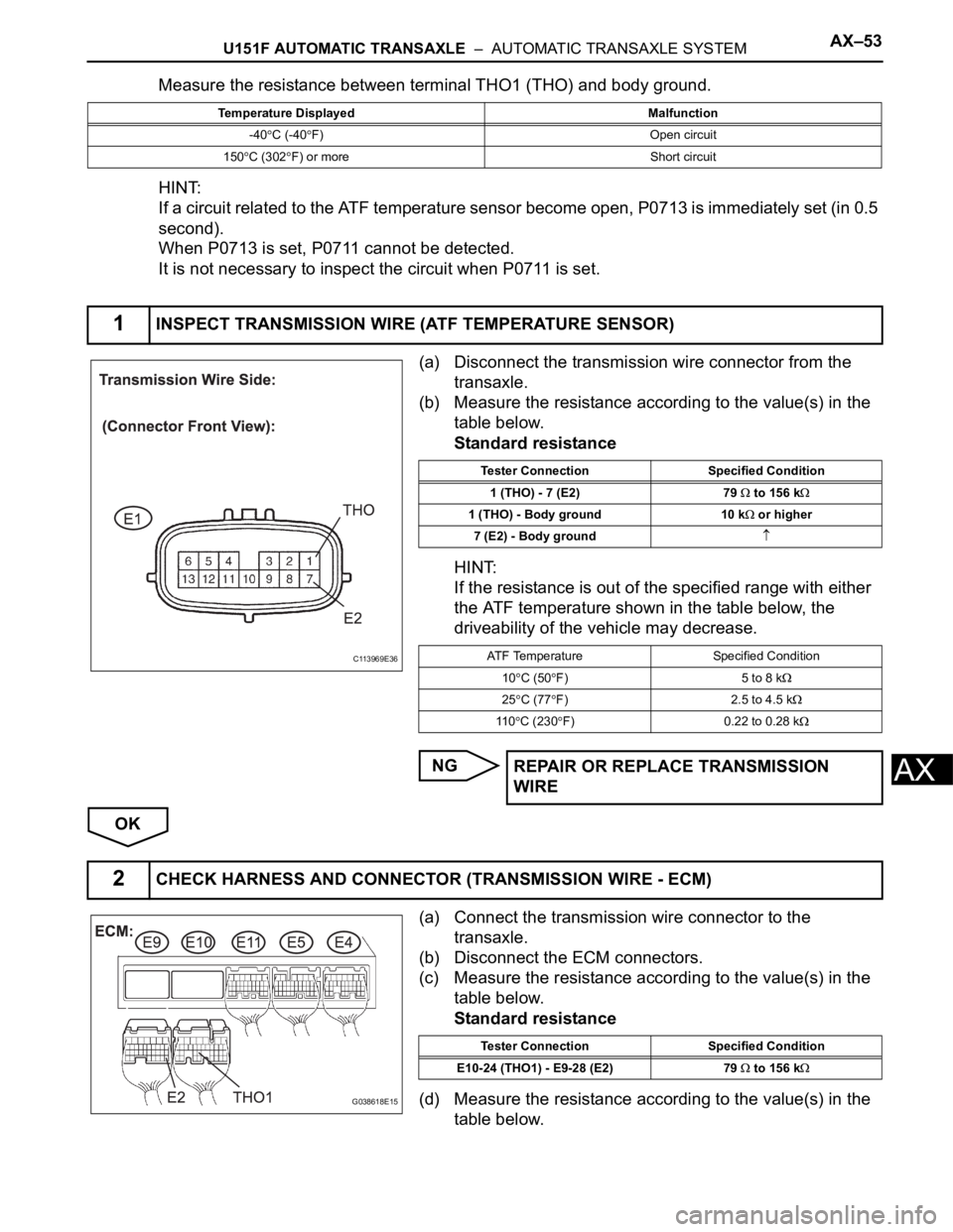 TOYOTA SIENNA 2007  Service Repair Manual U151F AUTOMATIC TRANSAXLE  –  AUTOMATIC TRANSAXLE SYSTEMAX–53
AX
Measure the resistance between terminal THO1 (THO) and body ground.
HINT:
If a circuit related to the ATF temperature sensor become