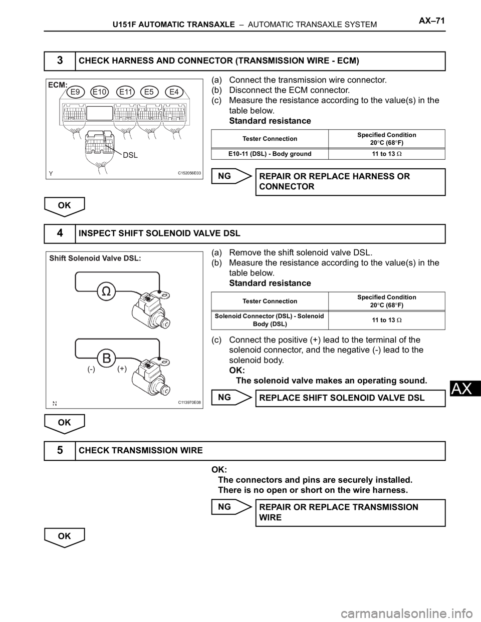 TOYOTA SIENNA 2007  Service Repair Manual U151F AUTOMATIC TRANSAXLE  –  AUTOMATIC TRANSAXLE SYSTEMAX–71
AX
(a) Connect the transmission wire connector.
(b) Disconnect the ECM connector.
(c) Measure the resistance according to the value(s)