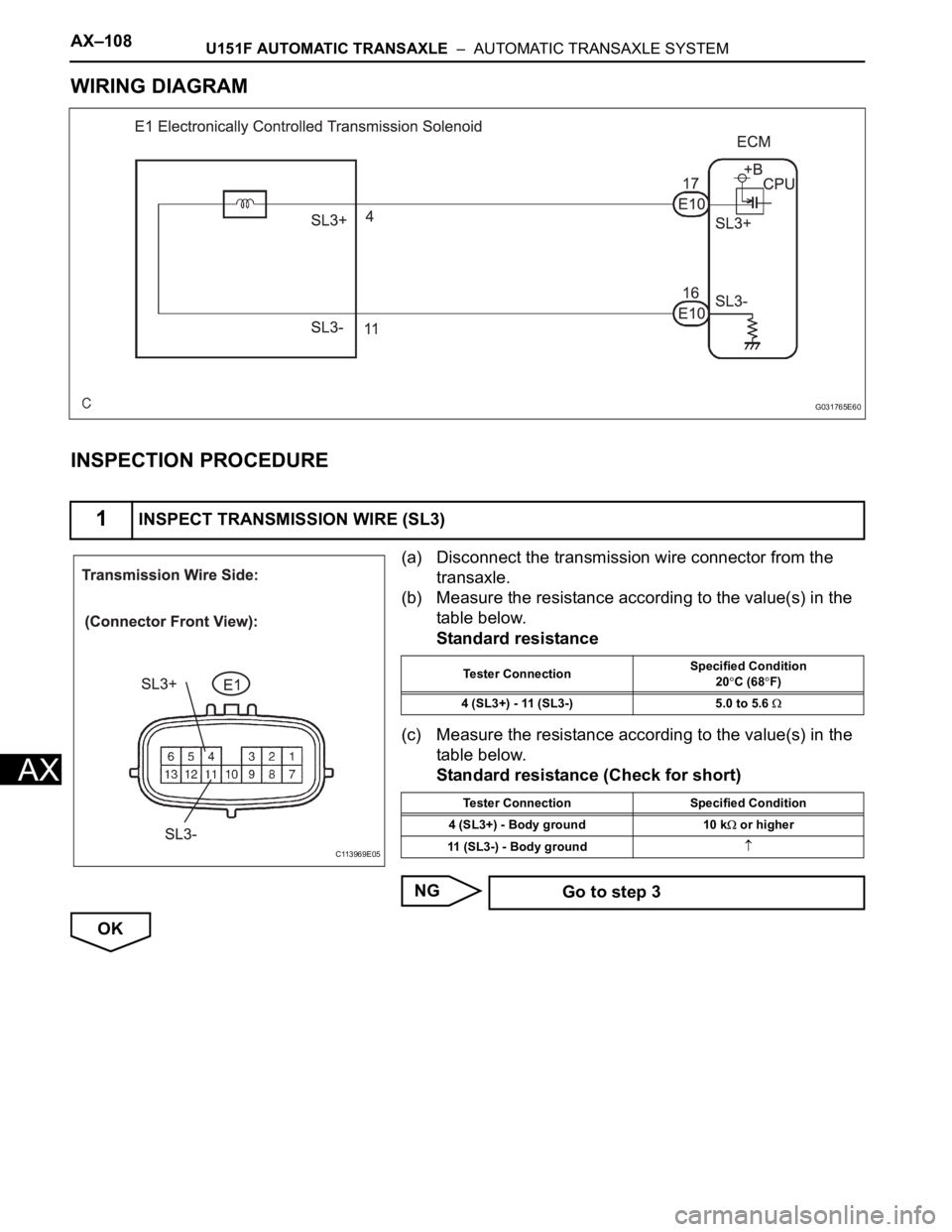 TOYOTA SIENNA 2007  Service Repair Manual AX–108U151F AUTOMATIC TRANSAXLE  –  AUTOMATIC TRANSAXLE SYSTEM
AX
WIRING DIAGRAM
INSPECTION PROCEDURE
(a) Disconnect the transmission wire connector from the 
transaxle.
(b) Measure the resistance