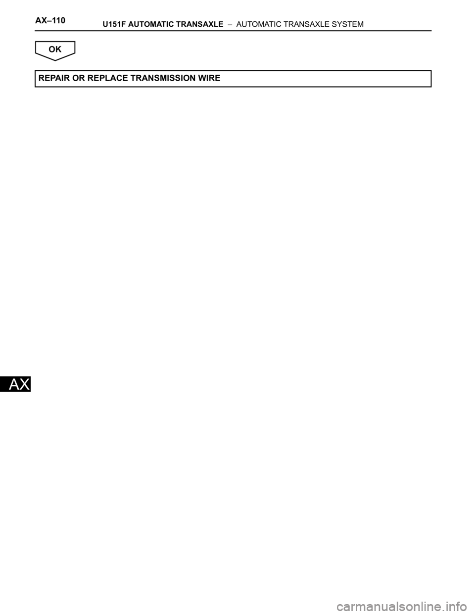 TOYOTA SIENNA 2007  Service Repair Manual AX–110U151F AUTOMATIC TRANSAXLE  –  AUTOMATIC TRANSAXLE SYSTEM
AX
OK
REPAIR OR REPLACE TRANSMISSION WIRE 