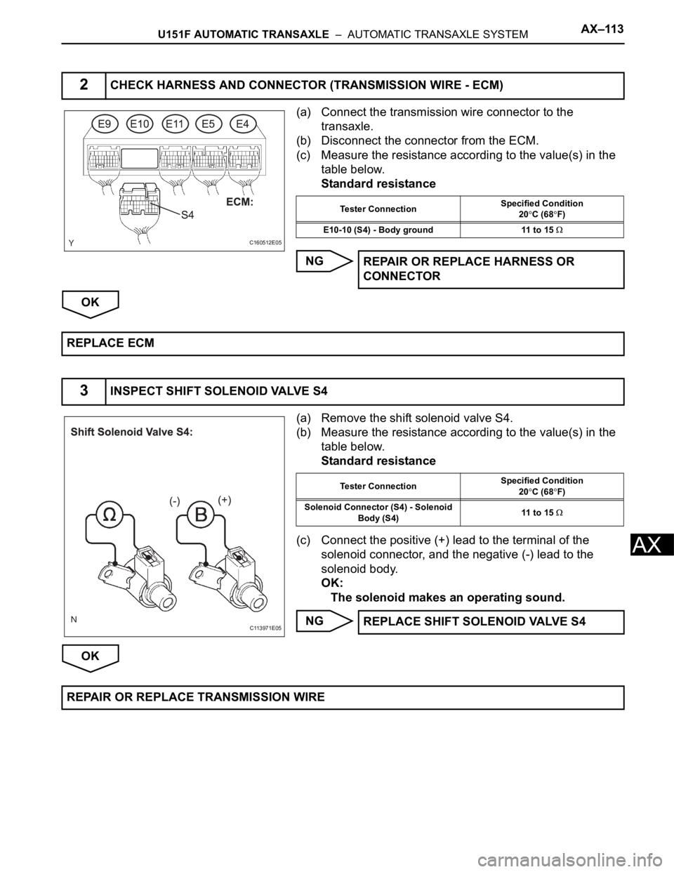 TOYOTA SIENNA 2007  Service Repair Manual U151F AUTOMATIC TRANSAXLE  –  AUTOMATIC TRANSAXLE SYSTEMAX–113
AX
(a) Connect the transmission wire connector to the 
transaxle.
(b) Disconnect the connector from the ECM.
(c) Measure the resistan