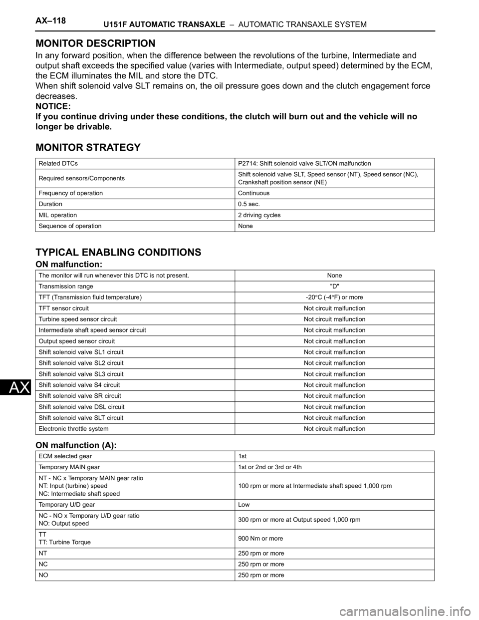 TOYOTA SIENNA 2007  Service Repair Manual AX–118U151F AUTOMATIC TRANSAXLE  –  AUTOMATIC TRANSAXLE SYSTEM
AX
MONITOR DESCRIPTION
In any forward position, when the difference between the revolutions of the turbine, Intermediate and 
output 