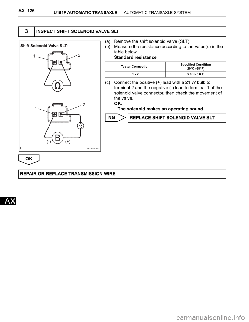 TOYOTA SIENNA 2007  Service Repair Manual AX–126U151F AUTOMATIC TRANSAXLE  –  AUTOMATIC TRANSAXLE SYSTEM
AX
(a) Remove the shift solenoid valve (SLT).
(b) Measure the resistance according to the value(s) in the 
table below.
Standard resi