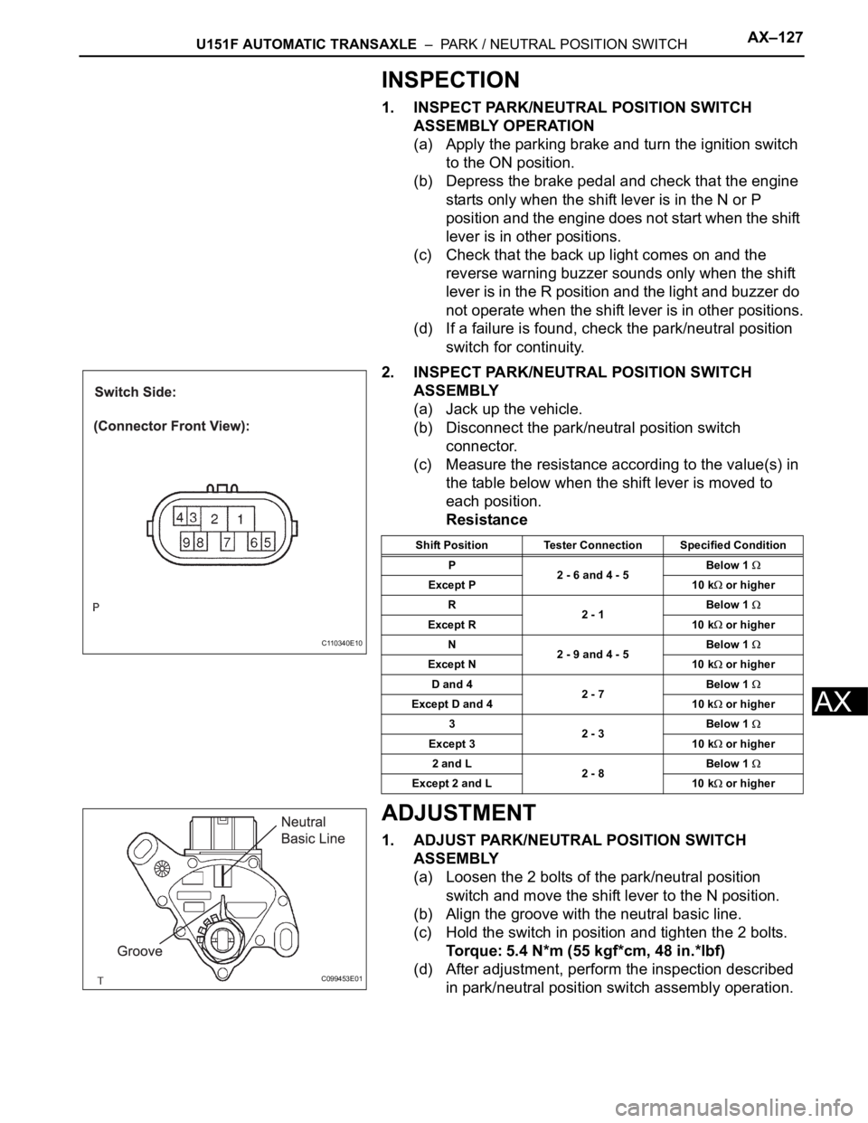 TOYOTA SIENNA 2007  Service Repair Manual U151F AUTOMATIC TRANSAXLE  –  PARK / NEUTRAL POSITION SWITCHAX–127
AX
INSPECTION
1. INSPECT PARK/NEUTRAL POSITION SWITCH 
ASSEMBLY OPERATION
(a) Apply the parking brake and turn the ignition switc
