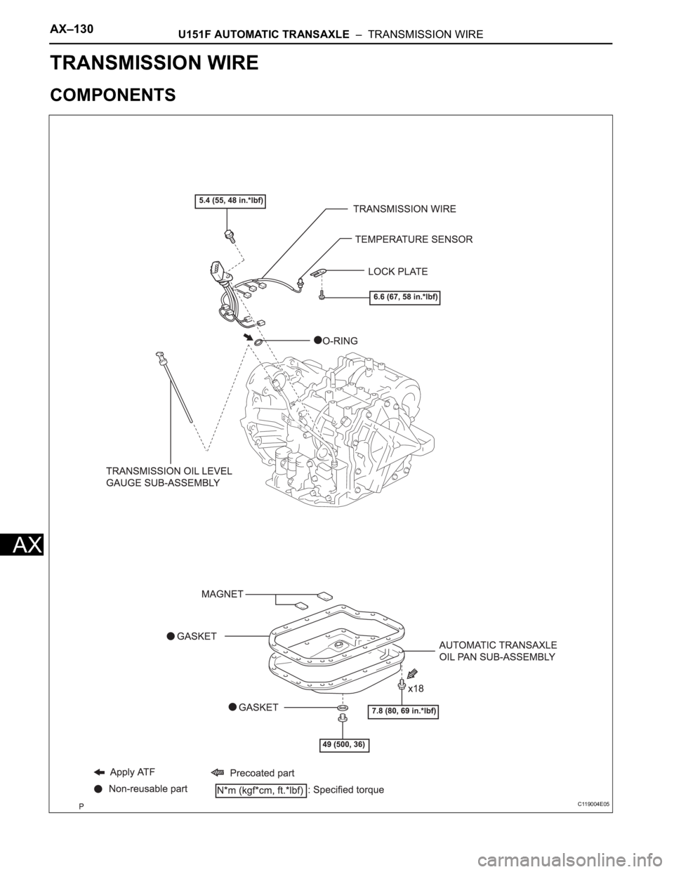 TOYOTA SIENNA 2007 Service Repair Manual AX–130U151F AUTOMATIC TRANSAXLE – TRANSMISSION WIRE
AX
TRANSMISSION
U151F AUTOMATIC TRANSAXLE
TRANSMISSION WIRE
COMPONENTS
C119004E05 TOYOTA SIENNA 2007 Service Repair Manual AX–130U151F AUTOMATIC TRANSAXLE – TRANSMISSION WIRE
AX
TRANSMISSION
U151F AUTOMATIC TRANSAXLE
TRANSMISSION WIRE
COMPONENTS
C119004E05