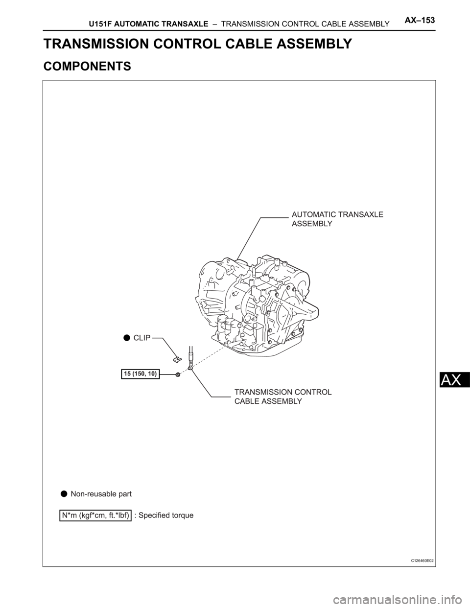 TOYOTA SIENNA 2007 Service Repair Manual U151F AUTOMATIC TRANSAXLE – TRANSMISSION CONTROL CABLE ASSEMBLYAX–153
AX
TRANSMISSION
U151F AUTOMATIC TRANSAXLE
TRANSMISSION CONTROL CABLE ASSEMBLY
COMPONENTS
C126460E02 TOYOTA SIENNA 2007 Service Repair Manual U151F AUTOMATIC TRANSAXLE – TRANSMISSION CONTROL CABLE ASSEMBLYAX–153
AX
TRANSMISSION
U151F AUTOMATIC TRANSAXLE
TRANSMISSION CONTROL CABLE ASSEMBLY
COMPONENTS
C126460E02