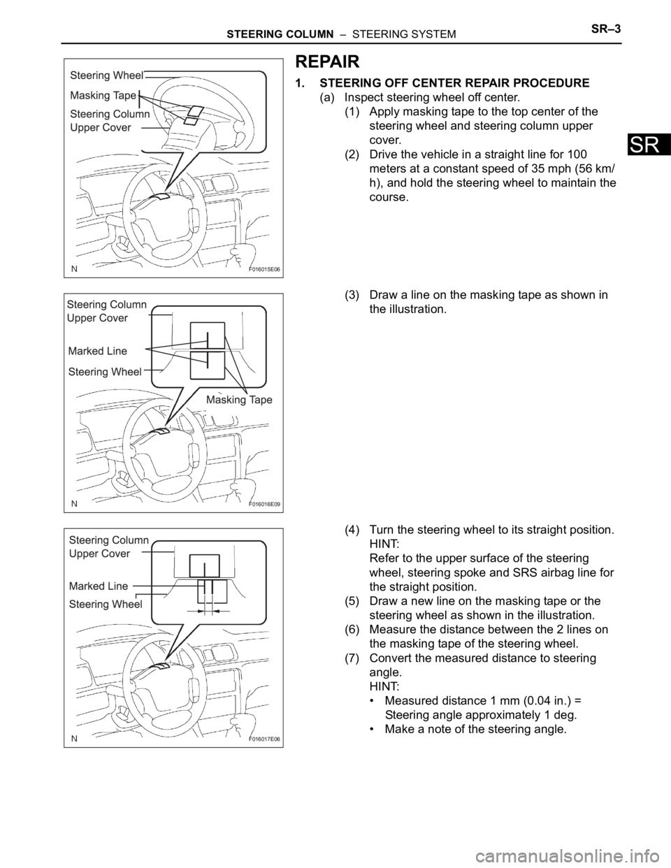 TOYOTA SIENNA 2007 Service Repair Manual STEERING COLUMN – STEERING SYSTEMSR–3
SR
REPAIR
1. STEERING OFF CENTER REPAIR PROCEDURE
(a) Inspect steering wheel off center.
(1) Apply masking tape to the top center of the
steering wheel and TOYOTA SIENNA 2007 Service Repair Manual STEERING COLUMN – STEERING SYSTEMSR–3
SR
REPAIR
1. STEERING OFF CENTER REPAIR PROCEDURE
(a) Inspect steering wheel off center.
(1) Apply masking tape to the top center of the
steering wheel and