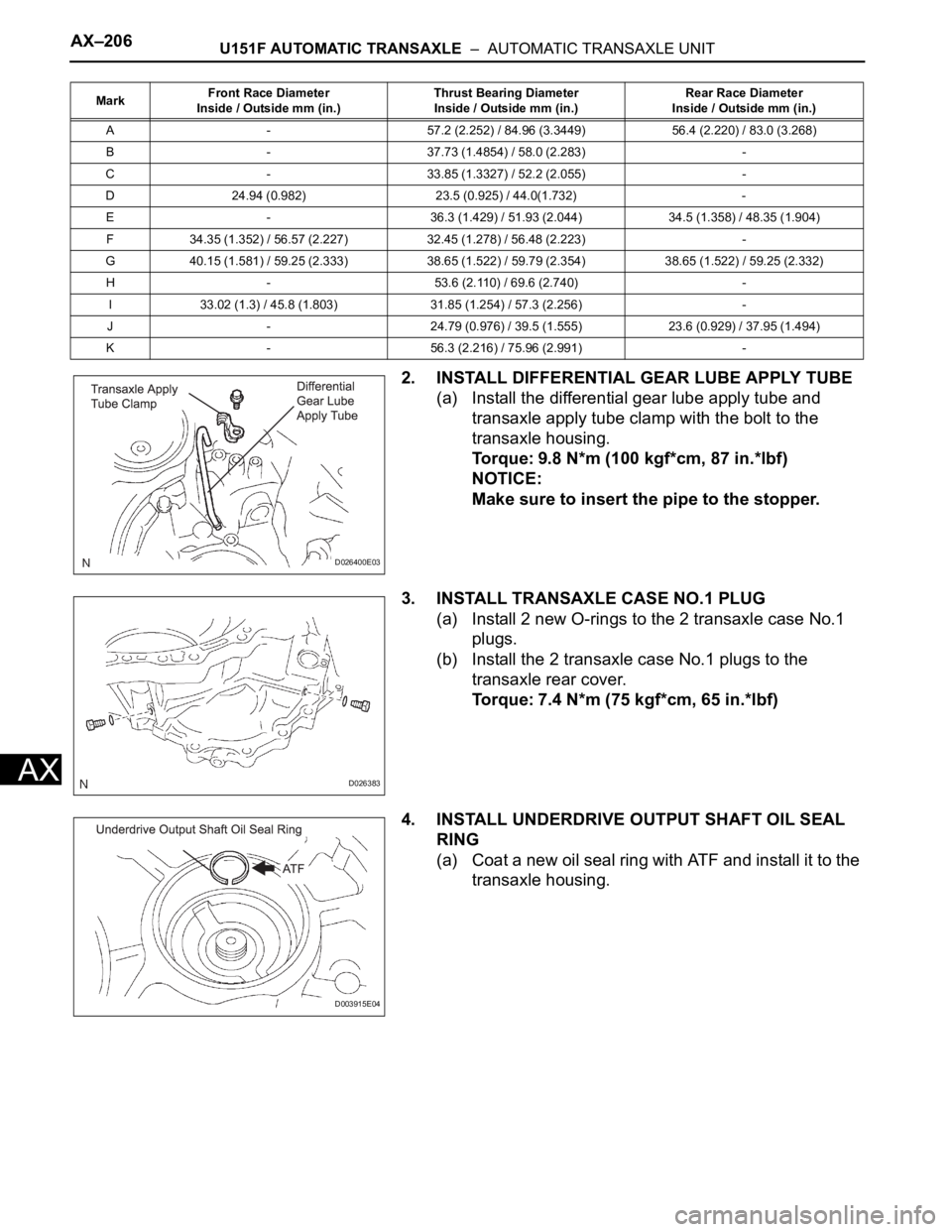 TOYOTA SIENNA 2007 Service Repair Manual AX–206U151F AUTOMATIC TRANSAXLE – AUTOMATIC TRANSAXLE UNIT
AX
2. INSTALL DIFFERENTIAL GEAR LUBE APPLY TUBE
(a) Install the differential gear lube apply tube and
transaxle apply tube clamp with TOYOTA SIENNA 2007 Service Repair Manual AX–206U151F AUTOMATIC TRANSAXLE – AUTOMATIC TRANSAXLE UNIT
AX
2. INSTALL DIFFERENTIAL GEAR LUBE APPLY TUBE
(a) Install the differential gear lube apply tube and
transaxle apply tube clamp with