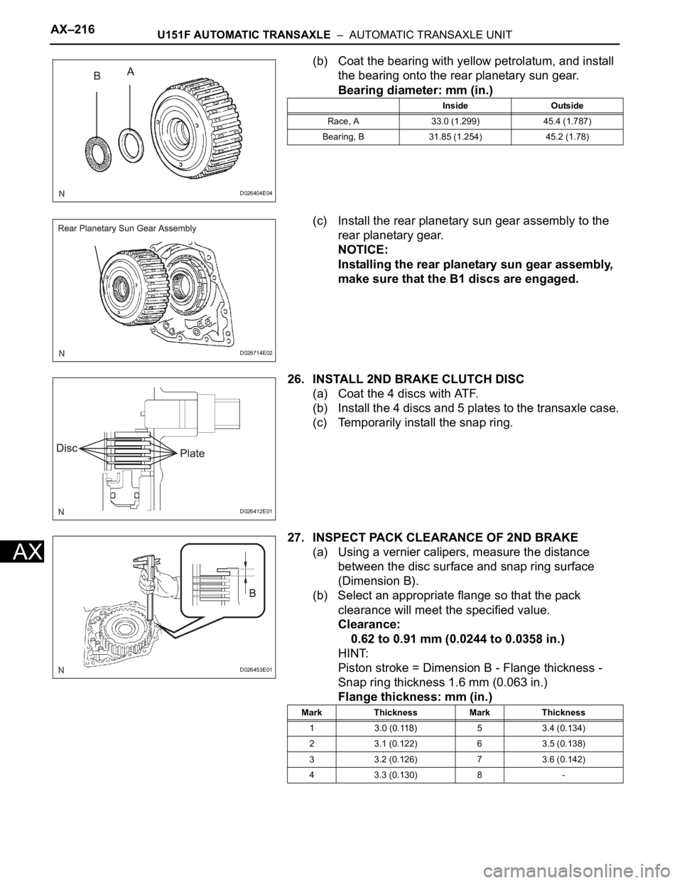 TOYOTA SIENNA 2007 Service Repair Manual AX–216U151F AUTOMATIC TRANSAXLE – AUTOMATIC TRANSAXLE UNIT
AX
(b) Coat the bearing with yellow petrolatum, and install
the bearing onto the rear planetary sun gear.
Bearing diameter: mm (in.)
( TOYOTA SIENNA 2007 Service Repair Manual AX–216U151F AUTOMATIC TRANSAXLE – AUTOMATIC TRANSAXLE UNIT
AX
(b) Coat the bearing with yellow petrolatum, and install
the bearing onto the rear planetary sun gear.
Bearing diameter: mm (in.)
(