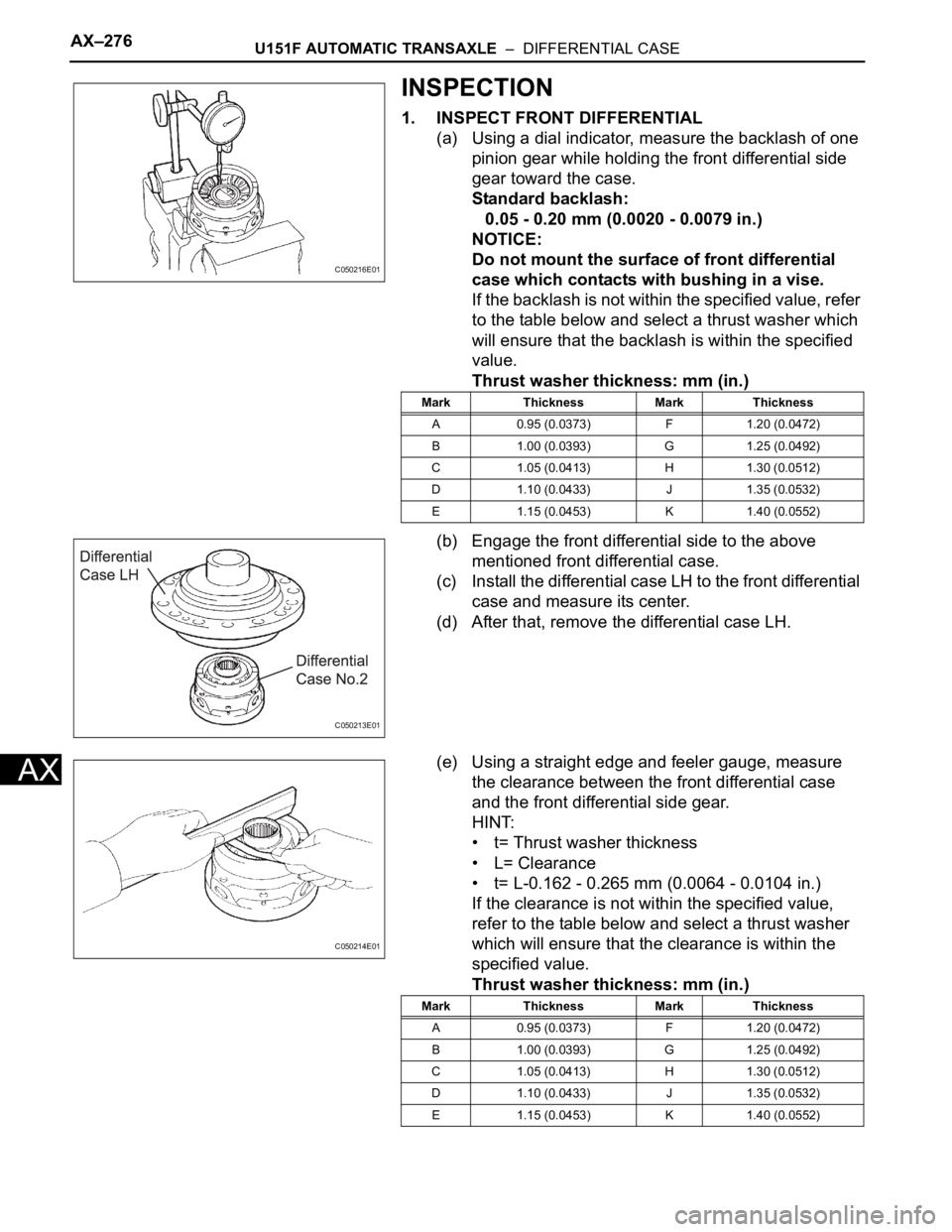 TOYOTA SIENNA 2007 Service Repair Manual AX–276U151F AUTOMATIC TRANSAXLE – DIFFERENTIAL CASE
AX
INSPECTION
1. INSPECT FRONT DIFFERENTIAL
(a) Using a dial indicator, measure the backlash of one
pinion gear while holding the front diffe TOYOTA SIENNA 2007 Service Repair Manual AX–276U151F AUTOMATIC TRANSAXLE – DIFFERENTIAL CASE
AX
INSPECTION
1. INSPECT FRONT DIFFERENTIAL
(a) Using a dial indicator, measure the backlash of one
pinion gear while holding the front diffe