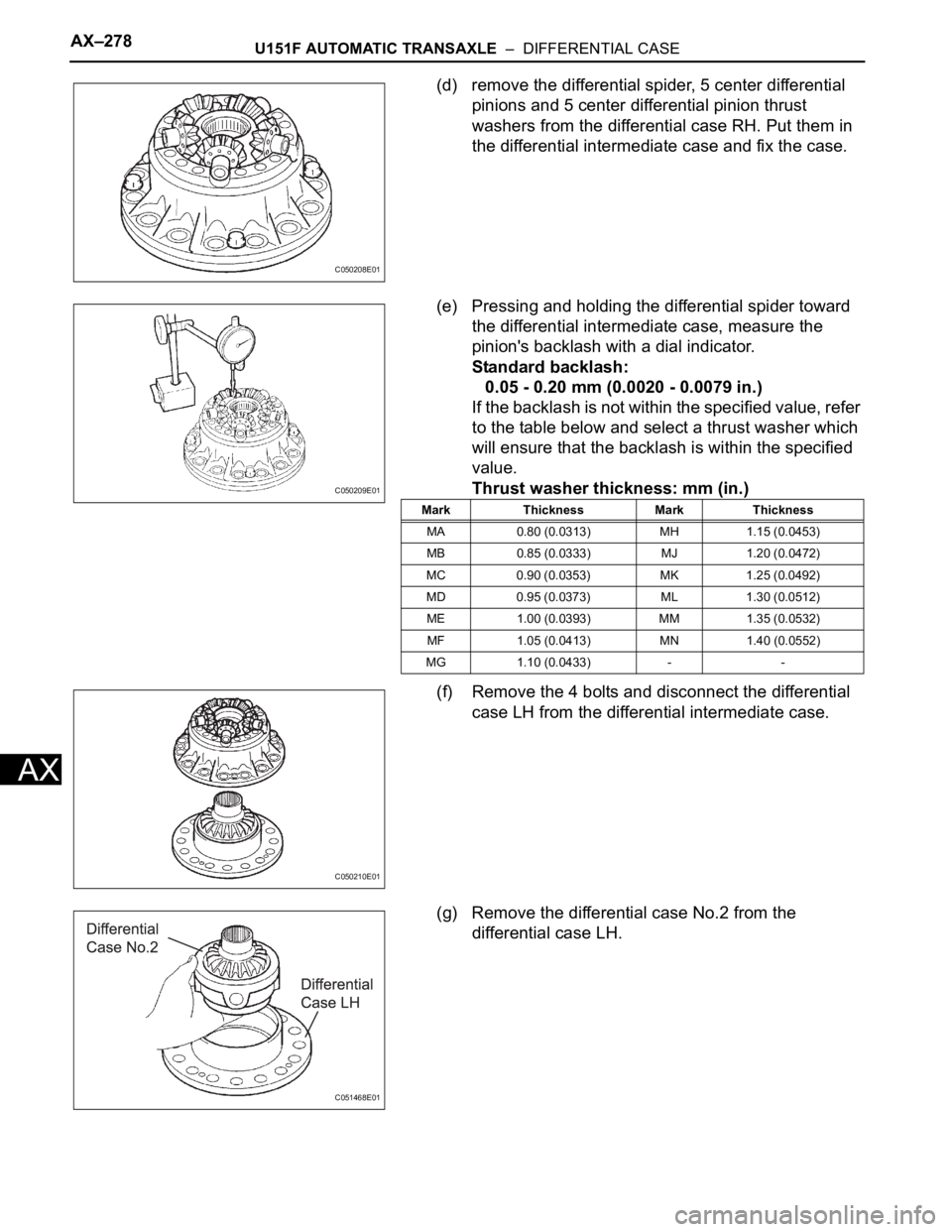 TOYOTA SIENNA 2007 Service Repair Manual AX–278U151F AUTOMATIC TRANSAXLE – DIFFERENTIAL CASE
AX
(d) remove the differential spider, 5 center differential
pinions and 5 center differential pinion thrust
washers from the differential c TOYOTA SIENNA 2007 Service Repair Manual AX–278U151F AUTOMATIC TRANSAXLE – DIFFERENTIAL CASE
AX
(d) remove the differential spider, 5 center differential
pinions and 5 center differential pinion thrust
washers from the differential c
