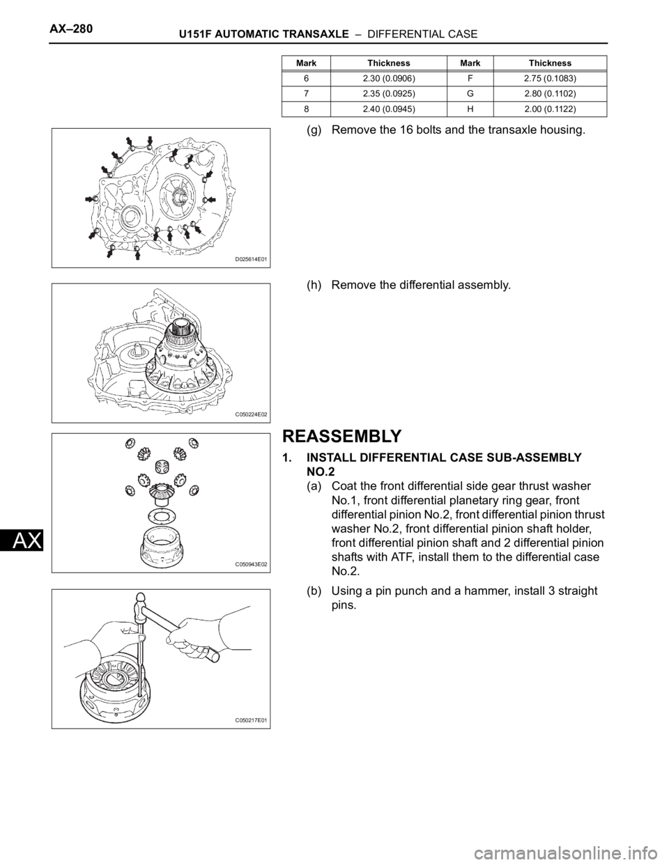 TOYOTA SIENNA 2007 Service Repair Manual AX–280U151F AUTOMATIC TRANSAXLE – DIFFERENTIAL CASE
AX
(g) Remove the 16 bolts and the transaxle housing.
(h) Remove the differential assembly.
REASSEMBLY
1. INSTALL DIFFERENTIAL CASE SUB-ASSEMB TOYOTA SIENNA 2007 Service Repair Manual AX–280U151F AUTOMATIC TRANSAXLE – DIFFERENTIAL CASE
AX
(g) Remove the 16 bolts and the transaxle housing.
(h) Remove the differential assembly.
REASSEMBLY
1. INSTALL DIFFERENTIAL CASE SUB-ASSEMB