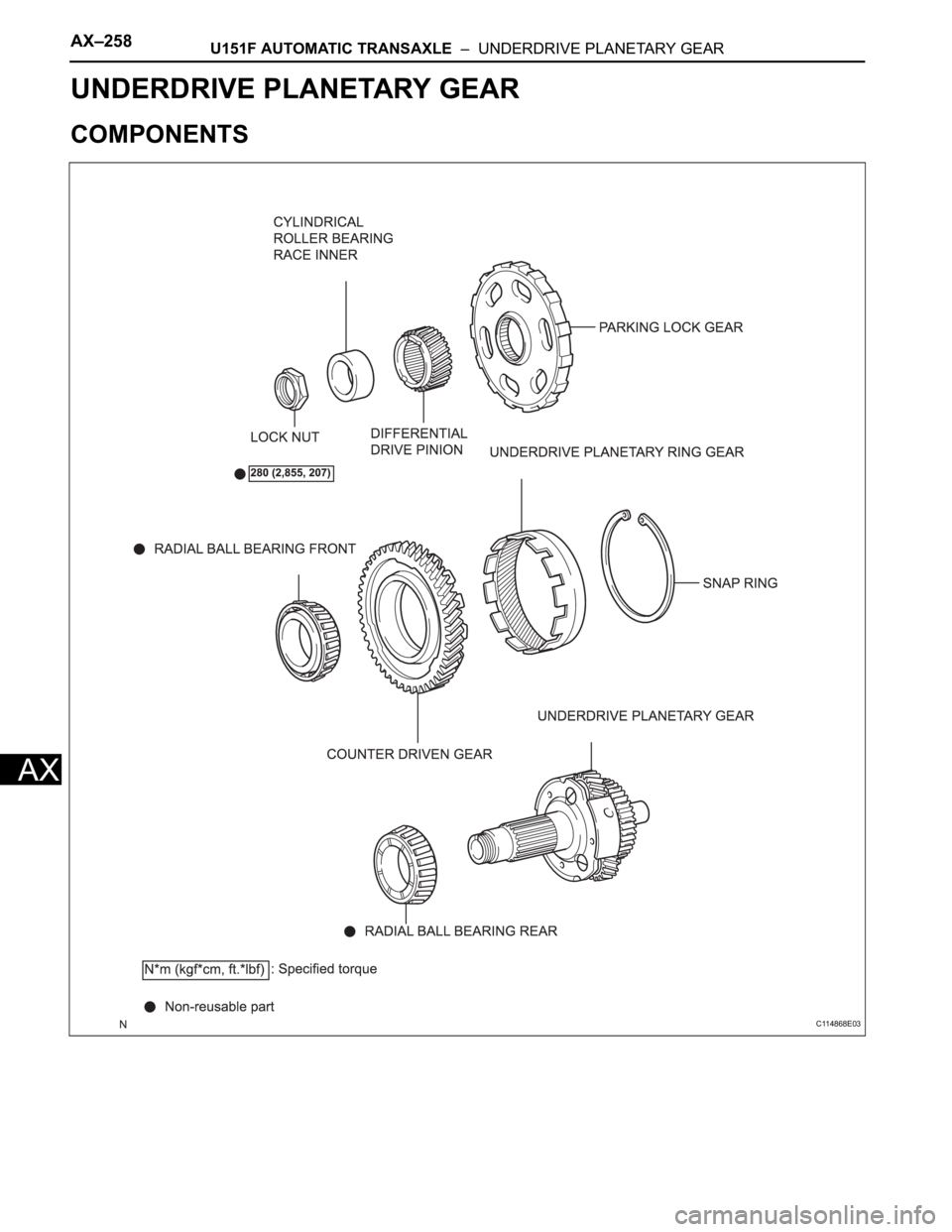 TOYOTA SIENNA 2007 Service Repair Manual AX–258U151F AUTOMATIC TRANSAXLE – UNDERDRIVE PLANETARY GEAR
AX
TRANSMISSION
U151F AUTOMATIC TRANSAXLE
UNDERDRIVE PLANETARY GEAR
COMPONENTS
C114868E03 TOYOTA SIENNA 2007 Service Repair Manual AX–258U151F AUTOMATIC TRANSAXLE – UNDERDRIVE PLANETARY GEAR
AX
TRANSMISSION
U151F AUTOMATIC TRANSAXLE
UNDERDRIVE PLANETARY GEAR
COMPONENTS
C114868E03