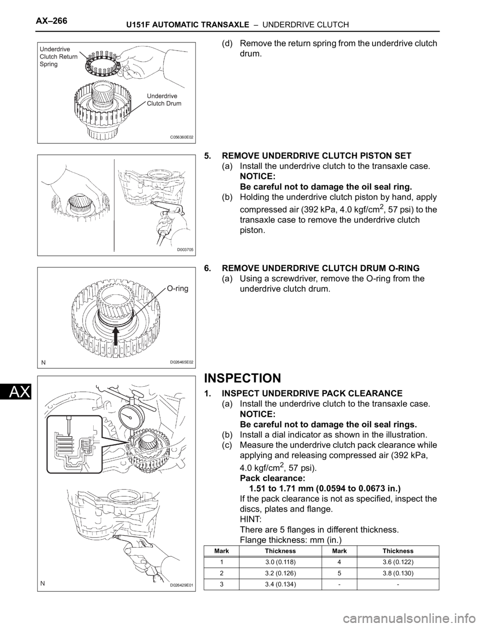 TOYOTA SIENNA 2007  Service Repair Manual AX–266U151F AUTOMATIC TRANSAXLE  –  UNDERDRIVE CLUTCH
AX
(d) Remove the return spring from the underdrive clutch 
drum.
5. REMOVE UNDERDRIVE CLUTCH PISTON SET
(a) Install the underdrive clutch to 