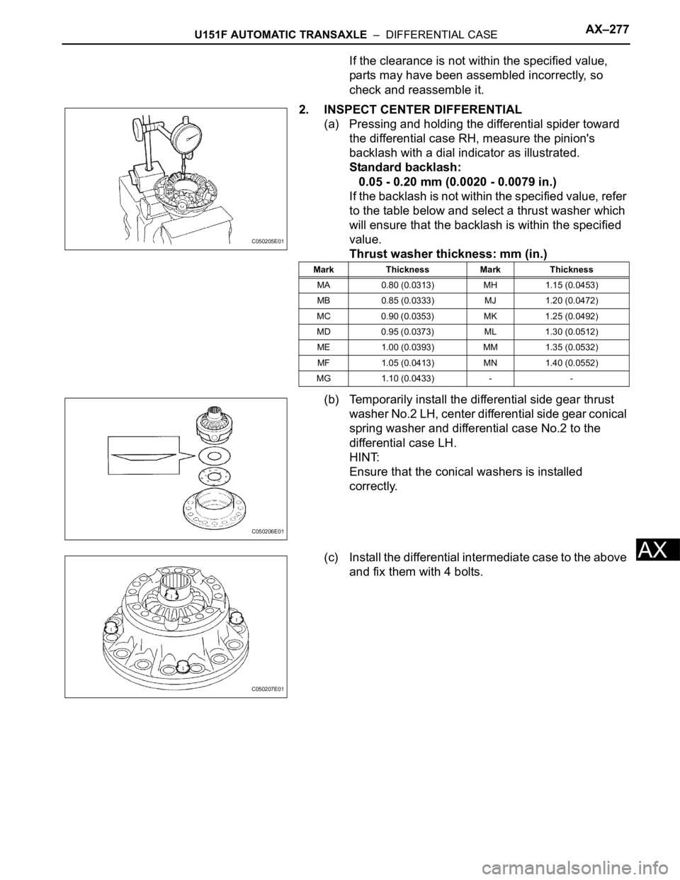 TOYOTA SIENNA 2007  Service Repair Manual U151F AUTOMATIC TRANSAXLE  –  DIFFERENTIAL CASEAX–277
AX
If the clearance is not within the specified value, 
parts may have been assembled incorrectly, so 
check and reassemble it.
2. INSPECT CEN