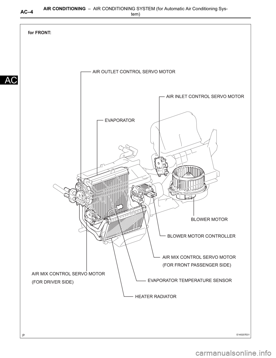 TOYOTA SIENNA 2007  Service Repair Manual AC–4AIR CONDITIONING  –  AIR CONDITIONING SYSTEM (for Automatic Air Conditioning Sys-
tem)
AC
E145207E01 