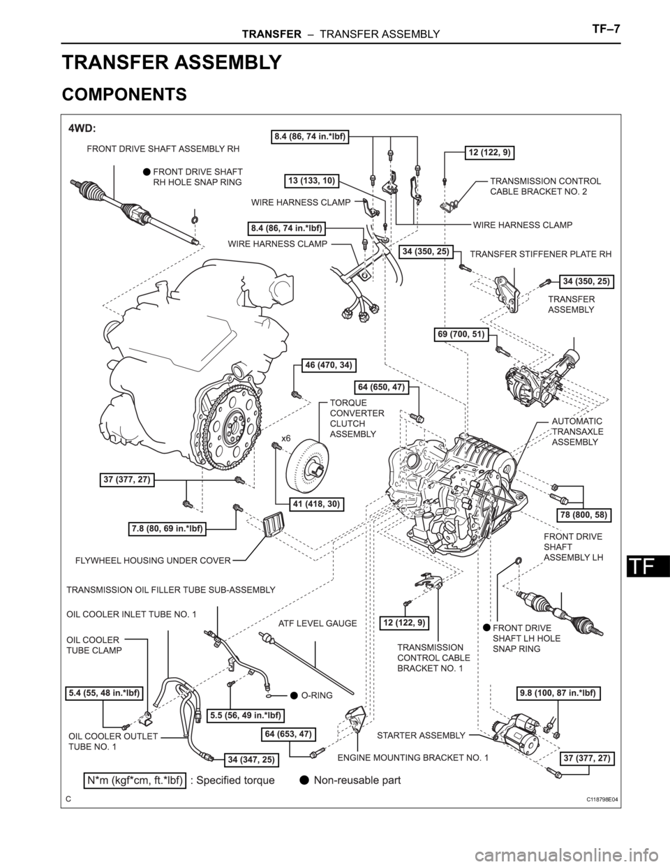 TOYOTA SIENNA 2007  Service Repair Manual TRANSFER  –  TRANSFER ASSEMBLYTF–7
TF
DRIVE LINE
TRANSFER
TRANSFER ASSEMBLY
COMPONENTS
C118798E04 