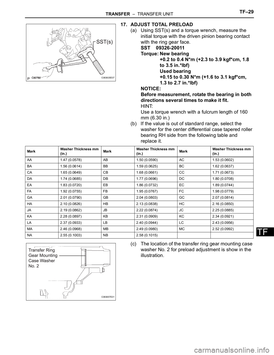 TOYOTA SIENNA 2007  Service Repair Manual TRANSFER  –  TRANSFER UNITTF–29
TF
17. ADJUST TOTAL PRELOAD
(a) Using SST(s) and a torque wrench, measure the 
initial torque with the driven pinion bearing contact 
with the ring gear face.
SST 0