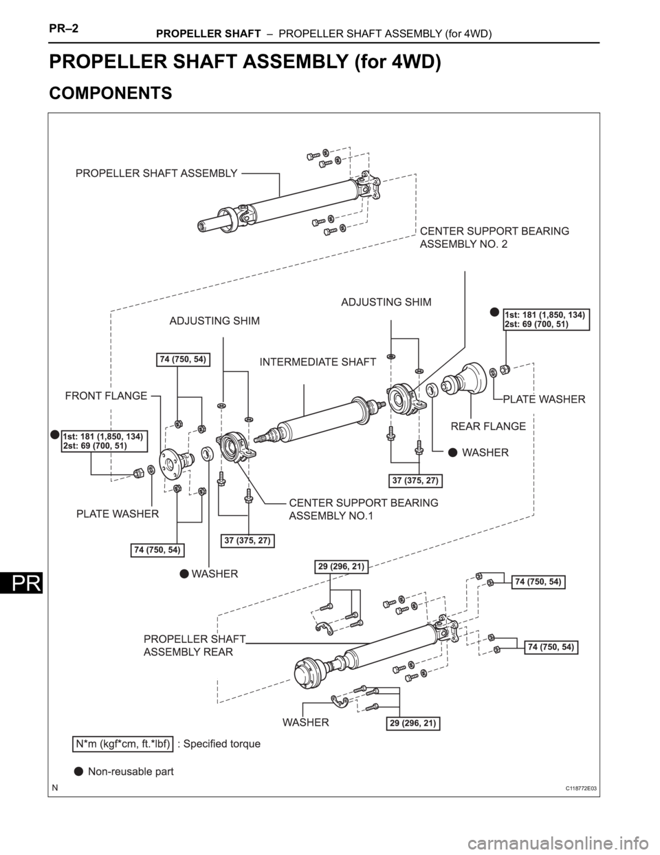 TOYOTA SIENNA 2007  Service Repair Manual PR–2PROPELLER SHAFT  –  PROPELLER SHAFT ASSEMBLY (for 4WD)
PR
DRIVE LINE
PROPELLER SHAFT
PROPELLER SHAFT ASSEMBLY (for 4WD)
COMPONENTS
C118772E03 