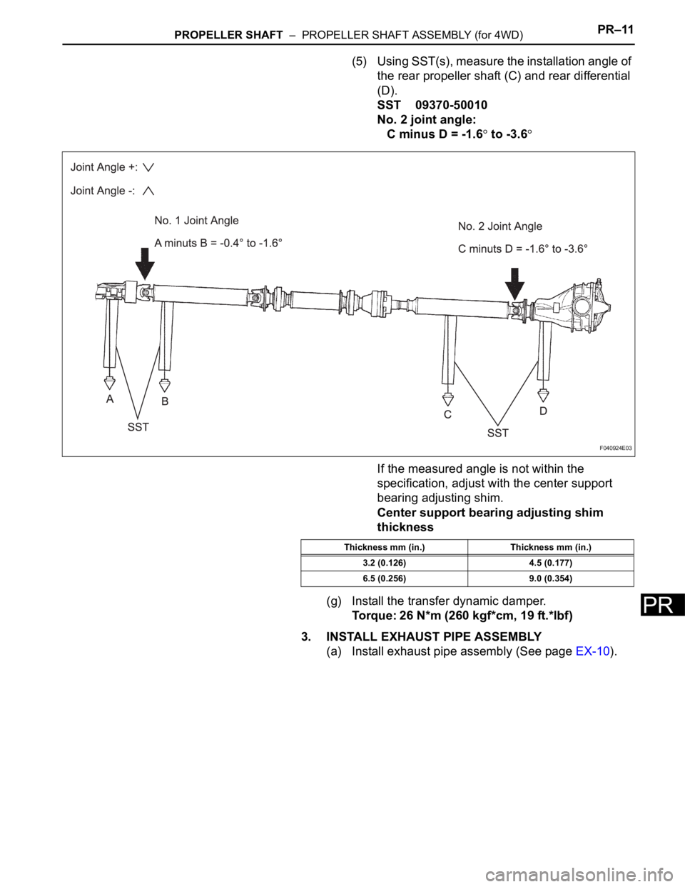 TOYOTA SIENNA 2007 Service Repair Manual PROPELLER SHAFT – PROPELLER SHAFT ASSEMBLY (for 4WD)PR–11
PR
(5) Using SST(s), measure the installation angle of
the rear propeller shaft (C) and rear differential
(D).
SST 09370-50010
No. 2 j TOYOTA SIENNA 2007 Service Repair Manual PROPELLER SHAFT – PROPELLER SHAFT ASSEMBLY (for 4WD)PR–11
PR
(5) Using SST(s), measure the installation angle of
the rear propeller shaft (C) and rear differential
(D).
SST 09370-50010
No. 2 j