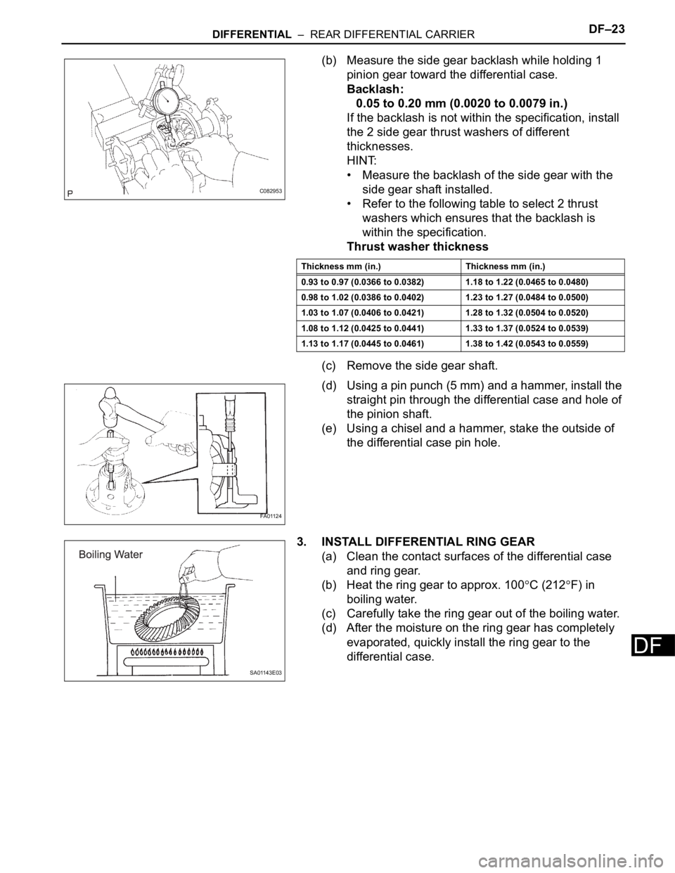 TOYOTA SIENNA 2007 Service Repair Manual DIFFERENTIAL – REAR DIFFERENTIAL CARRIERDF–23
DF
(b) Measure the side gear backlash while holding 1
pinion gear toward the differential case.
Backlash:
0.05 to 0.20 mm (0.0020 to 0.0079 in.)
If TOYOTA SIENNA 2007 Service Repair Manual DIFFERENTIAL – REAR DIFFERENTIAL CARRIERDF–23
DF
(b) Measure the side gear backlash while holding 1
pinion gear toward the differential case.
Backlash:
0.05 to 0.20 mm (0.0020 to 0.0079 in.)
If