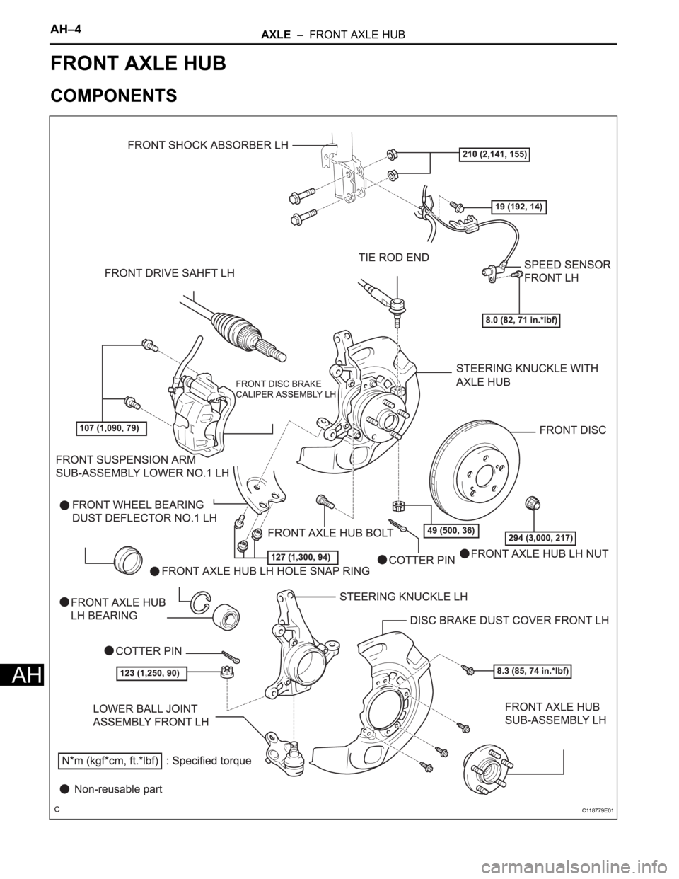 TOYOTA SIENNA 2007 Service Repair Manual AH–4AXLE – FRONT AXLE HUB
AH
SUSPENSION & AXLE
AXLE
FRONT AXLE HUB
COMPONENTS
C118779E01 TOYOTA SIENNA 2007 Service Repair Manual AH–4AXLE – FRONT AXLE HUB
AH
SUSPENSION & AXLE
AXLE
FRONT AXLE HUB
COMPONENTS
C118779E01