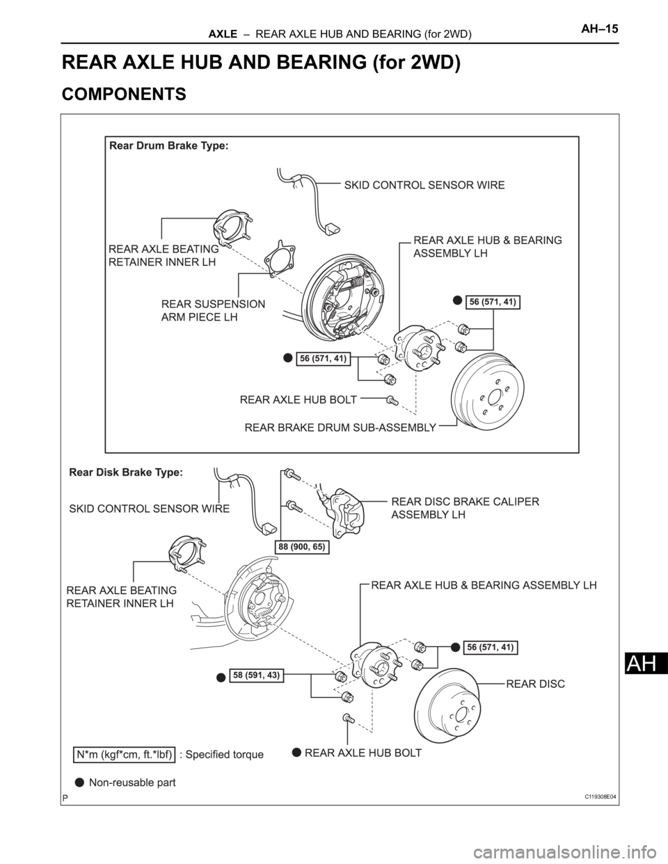 TOYOTA SIENNA 2007 Service Repair Manual AXLE – REAR AXLE HUB AND BEARING (for 2WD)AH–15
AH
SUSPENSION & AXLE
AXLE
REAR AXLE HUB AND BEARING (for 2WD)
COMPONENTS
C119308E04 TOYOTA SIENNA 2007 Service Repair Manual AXLE – REAR AXLE HUB AND BEARING (for 2WD)AH–15
AH
SUSPENSION & AXLE
AXLE
REAR AXLE HUB AND BEARING (for 2WD)
COMPONENTS
C119308E04