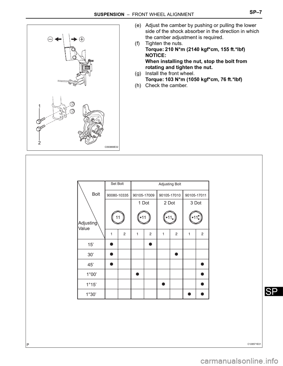 TOYOTA SIENNA 2007 Service Repair Manual SUSPENSION – FRONT WHEEL ALIGNMENTSP–7
SP
(e) Adjust the camber by pushing or pulling the lower
side of the shock absorber in the direction in which
the camber adjustment is required.
(f) Tigh TOYOTA SIENNA 2007 Service Repair Manual SUSPENSION – FRONT WHEEL ALIGNMENTSP–7
SP
(e) Adjust the camber by pushing or pulling the lower
side of the shock absorber in the direction in which
the camber adjustment is required.
(f) Tigh