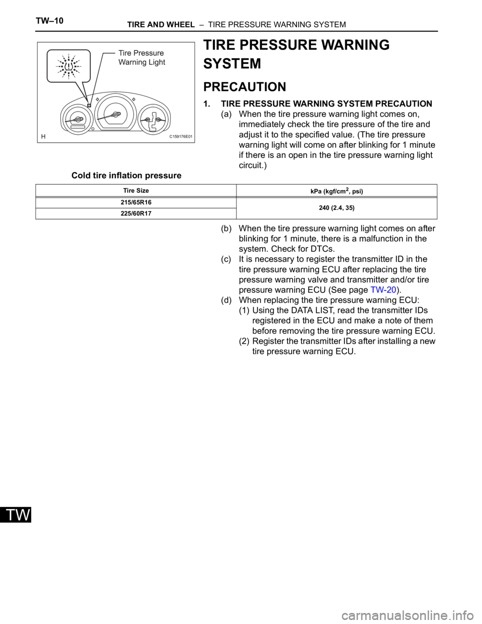 TOYOTA SIENNA 2007  Service Repair Manual TW–10TIRE AND WHEEL  –  TIRE PRESSURE WARNING SYSTEM
TW
TIRE PRESSURE WARNING 
SYSTEM
PRECAUTION
1. TIRE PRESSURE WARNING SYSTEM PRECAUTION
(a) When the tire pressure warning light comes on, 
imme
