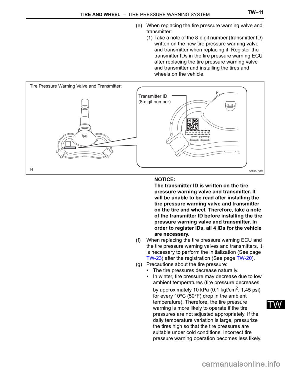 TOYOTA SIENNA 2007  Service Repair Manual TIRE AND WHEEL  –  TIRE PRESSURE WARNING SYSTEMTW–11
TW
(e) When replacing the tire pressure warning valve and 
transmitter:
(1) Take a note of the 8-digit number (transmitter ID) 
written on the 