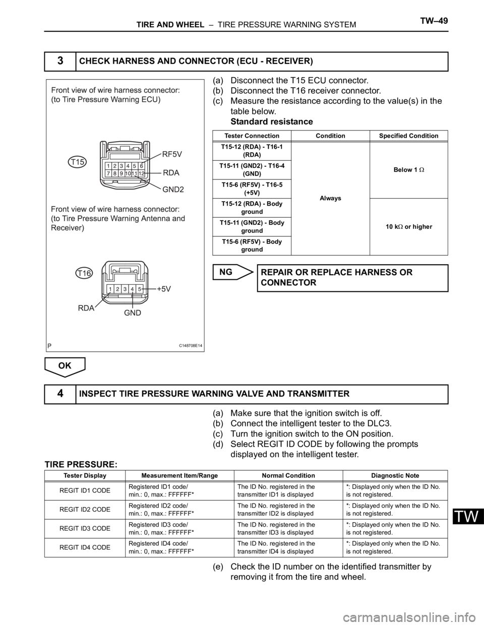 TOYOTA SIENNA 2007  Service Repair Manual TIRE AND WHEEL  –  TIRE PRESSURE WARNING SYSTEMTW–49
TW
(a) Disconnect the T15 ECU connector.
(b) Disconnect the T16 receiver connector.
(c) Measure the resistance according to the value(s) in the