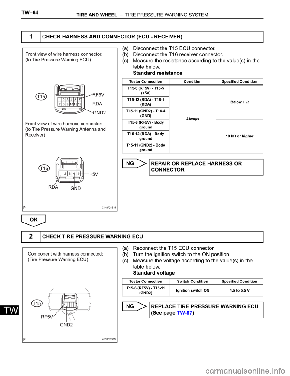 TOYOTA SIENNA 2007  Service Repair Manual TW–64TIRE AND WHEEL  –  TIRE PRESSURE WARNING SYSTEM
TW
(a) Disconnect the T15 ECU connector.
(b) Disconnect the T16 receiver connector.
(c) Measure the resistance according to the value(s) in the