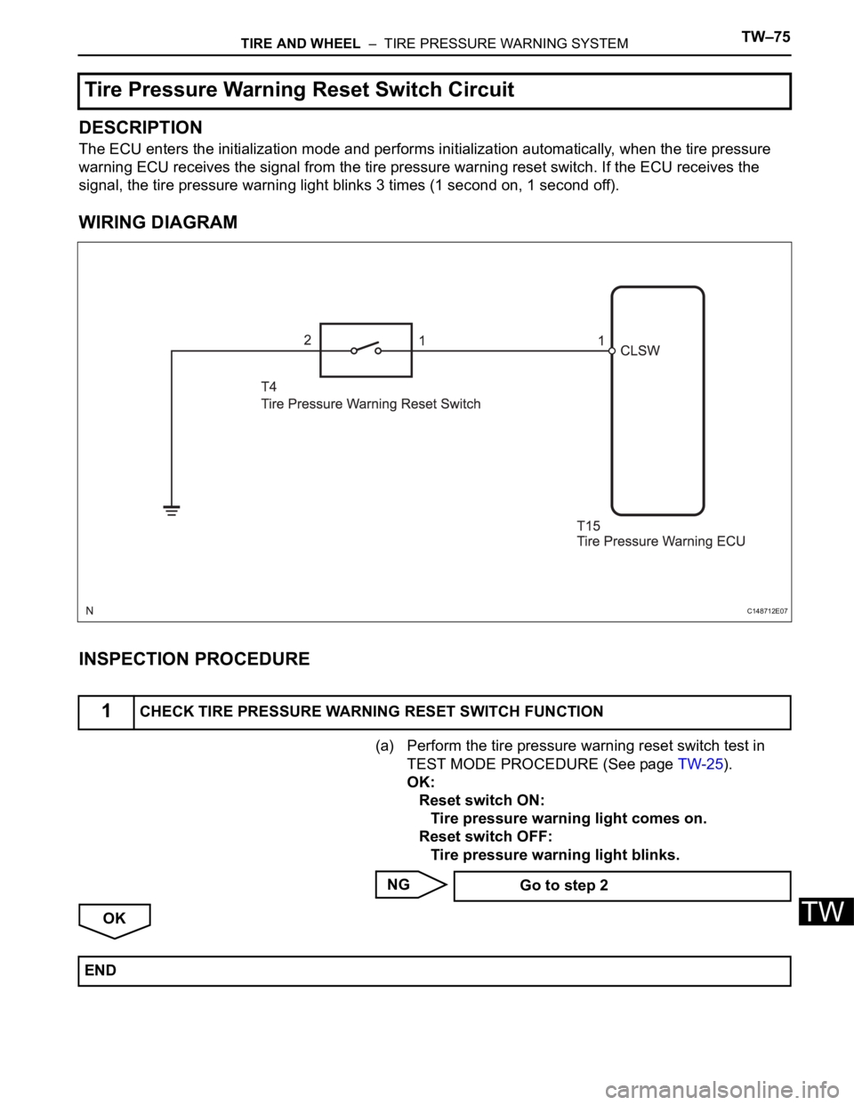 TOYOTA SIENNA 2007  Service Repair Manual TIRE AND WHEEL  –  TIRE PRESSURE WARNING SYSTEMTW–75
TW
DESCRIPTION
The ECU enters the initialization mode and performs initialization automatically, when the tire pressure 
warning ECU receives t