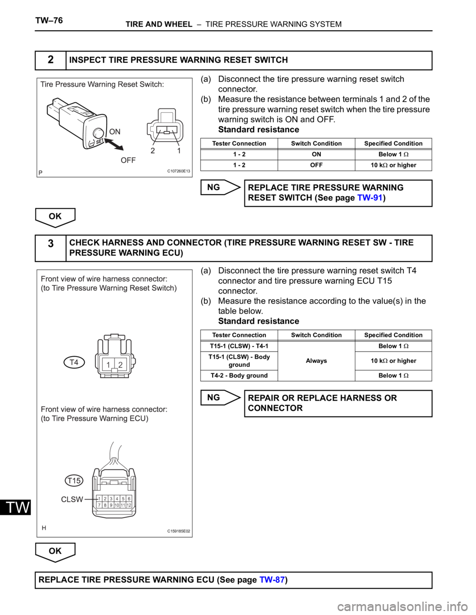 TOYOTA SIENNA 2007  Service Repair Manual TW–76TIRE AND WHEEL  –  TIRE PRESSURE WARNING SYSTEM
TW
(a) Disconnect the tire pressure warning reset switch 
connector.
(b) Measure the resistance between terminals 1 and 2 of the 
tire pressure