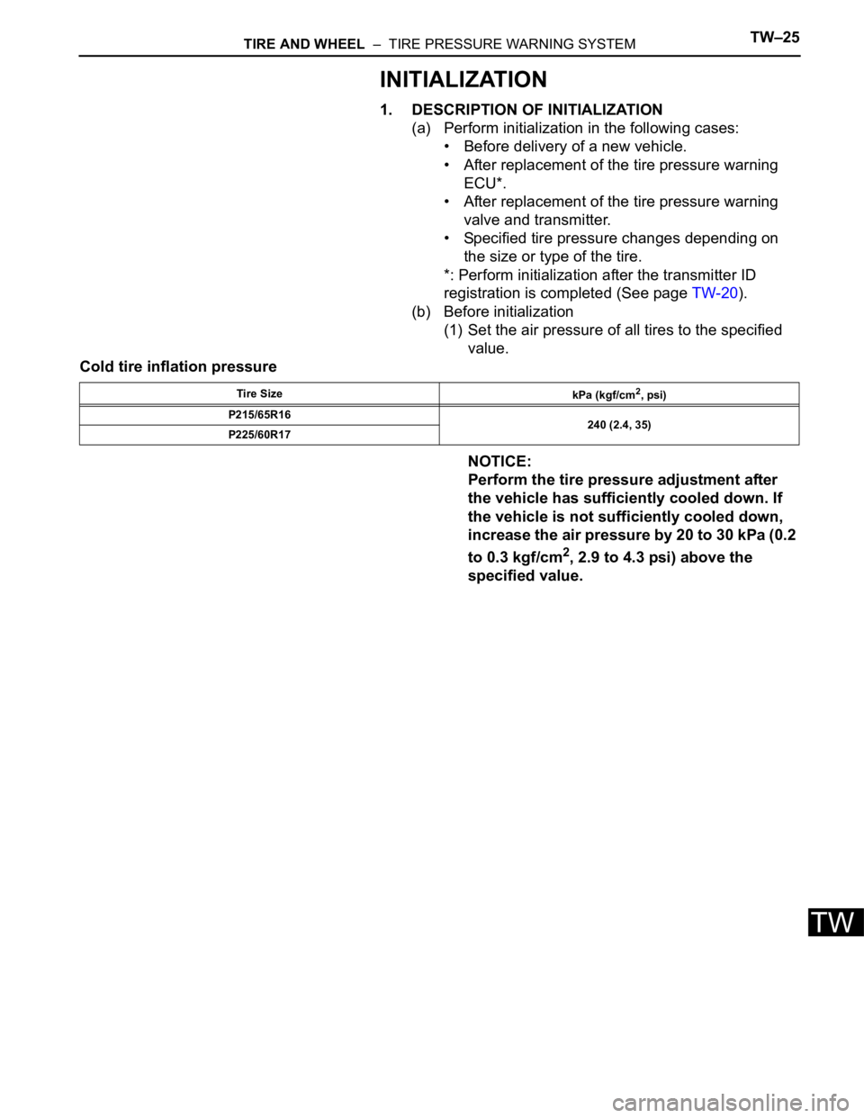 TOYOTA SIENNA 2007  Service Repair Manual TIRE AND WHEEL  –  TIRE PRESSURE WARNING SYSTEMTW–25
TW
INITIALIZATION
1. DESCRIPTION OF INITIALIZATION
(a) Perform initialization in the following cases:
• Before delivery of a new vehicle.
•