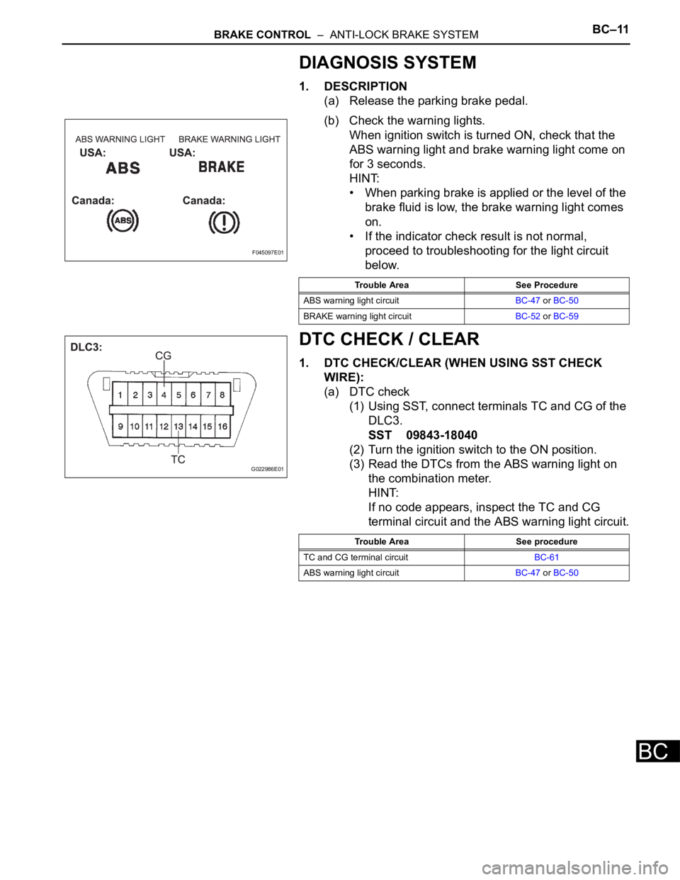 TOYOTA SIENNA 2007 Service Repair Manual BRAKE CONTROL – ANTI-LOCK BRAKE SYSTEMBC–11
BC
DIAGNOSIS SYSTEM
1. DESCRIPTION
(a) Release the parking brake pedal.
(b) Check the warning lights.
When ignition switch is turned ON, check that th TOYOTA SIENNA 2007 Service Repair Manual BRAKE CONTROL – ANTI-LOCK BRAKE SYSTEMBC–11
BC
DIAGNOSIS SYSTEM
1. DESCRIPTION
(a) Release the parking brake pedal.
(b) Check the warning lights.
When ignition switch is turned ON, check that th